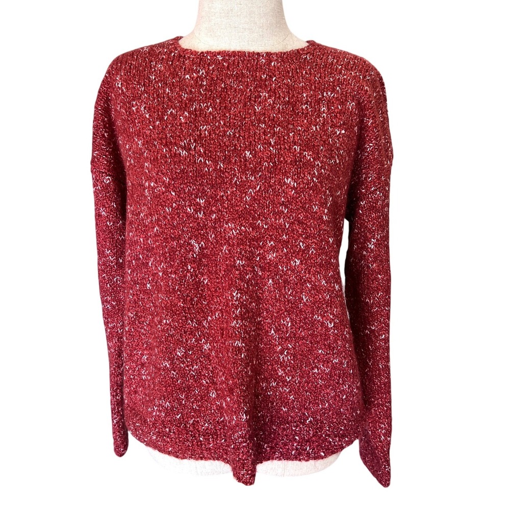 Eileen Fisher Sweater Large Red Marled Cotton Blend Crew Neck Vintage Grandma